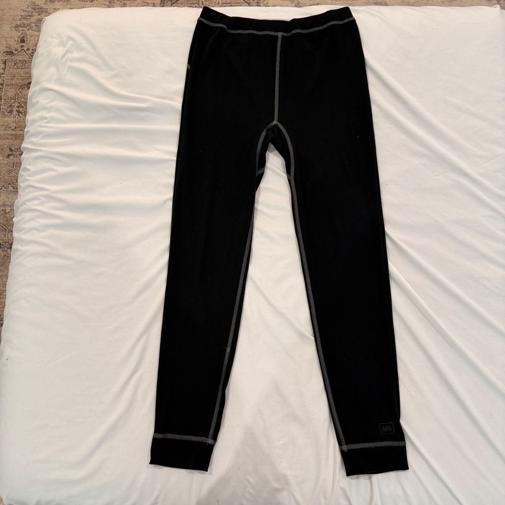 REI Co-op Mens Black Thermal Base Layer Leggings Pants Grey Contrast Stitching